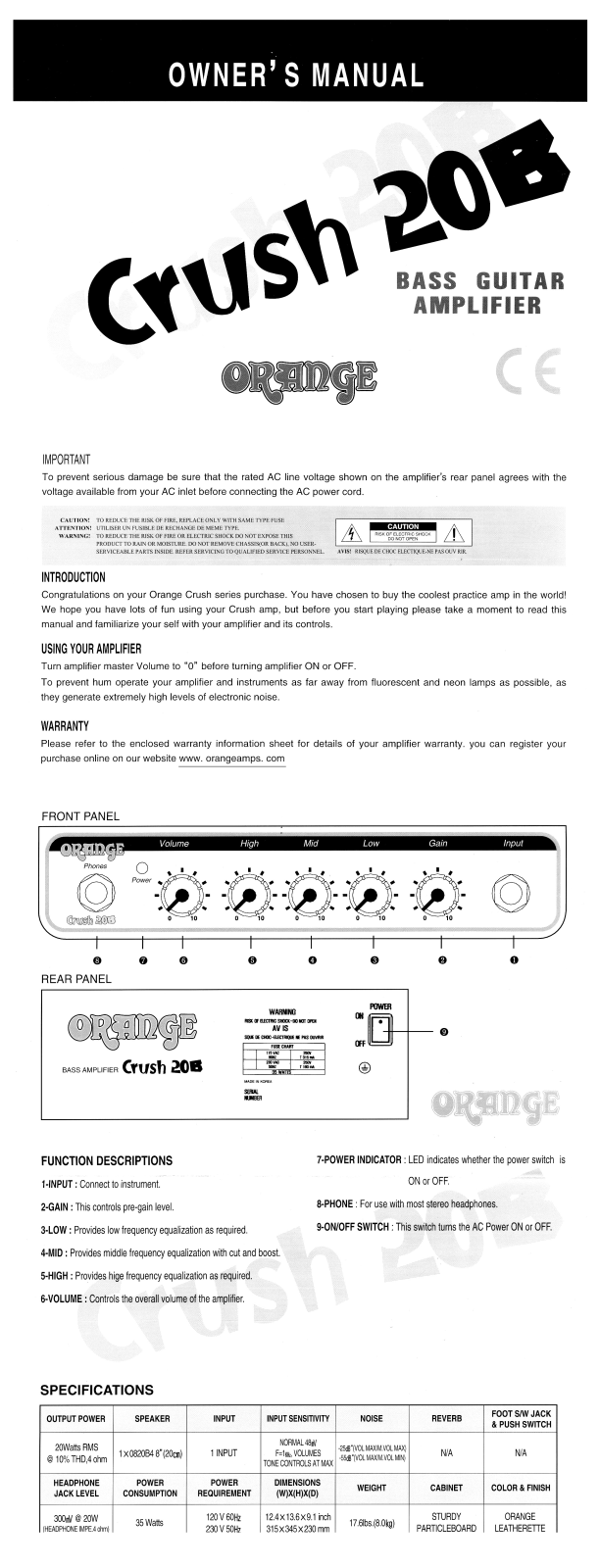 Orange Crush 20B Owner's Manual