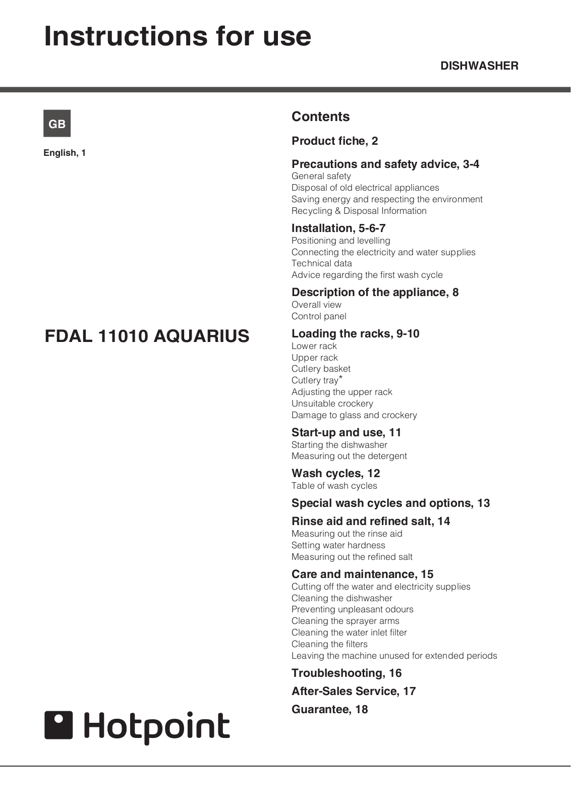 HOTPOINT FDAL 11010 P User Manual