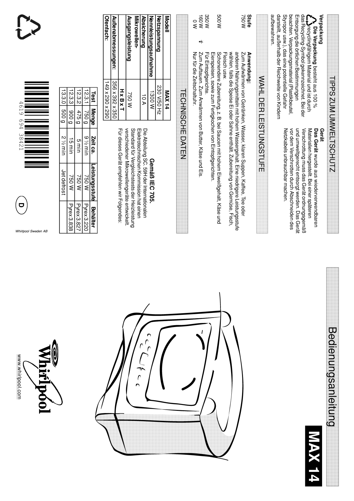 Whirlpool MAX 14/2/AB, MAX 14/AB, MAX 14/BL, MAX 14/2/BL, MAX 14/AW INSTRUCTION FOR USE