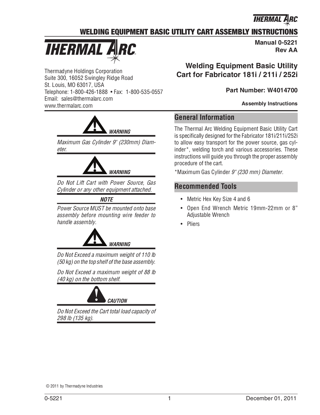 Tweco Welding Equipment Basic Utility Cart User Manual