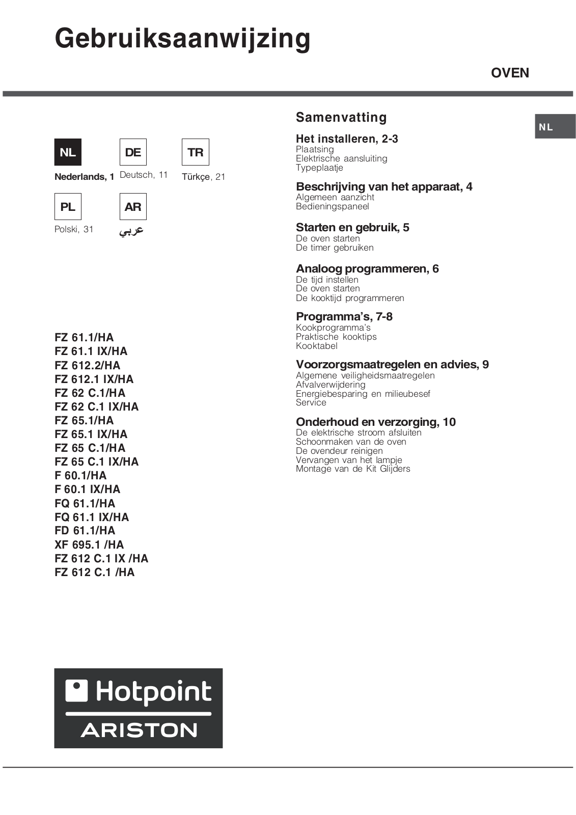 Hotpoint Ariston FZ 65.1, FZ 65.1 IX/HA, FQ 61.1, FZ 612 C.1 IX/HA, FZ 62 C.1 IX/HA Manual