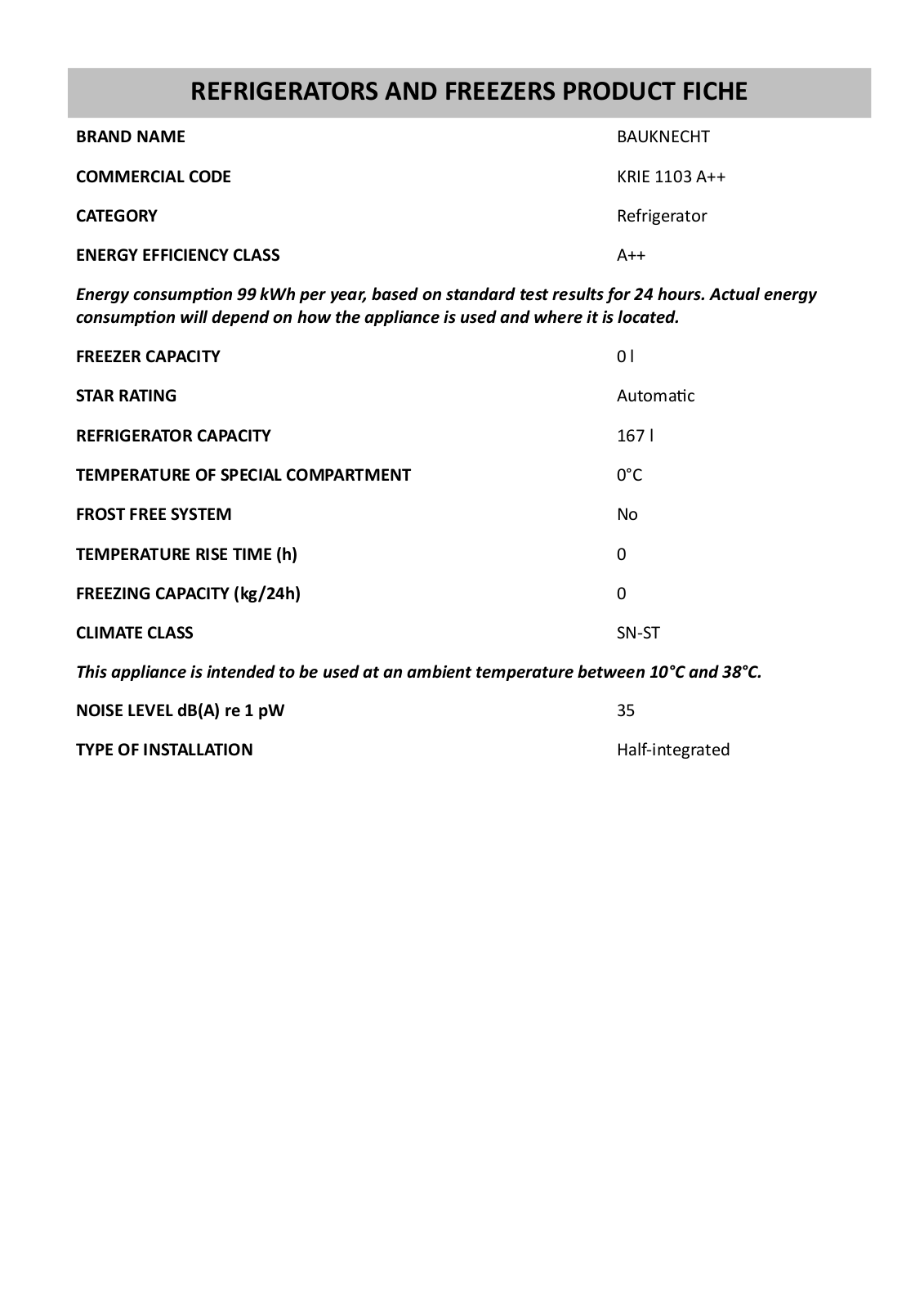 Bauknecht KRIE 1103 A++ User Manual