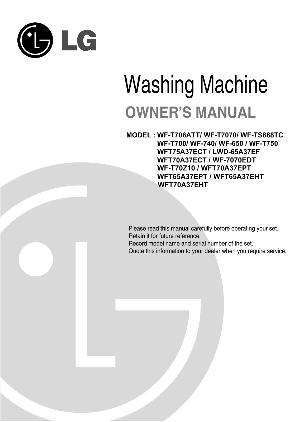 LG WFT70A37EHT Instruction manual