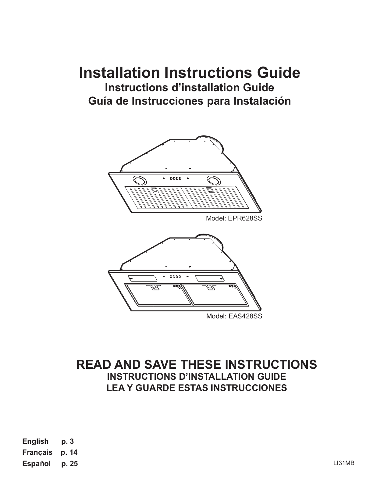 Elica EPR628SS Instruction Handbook