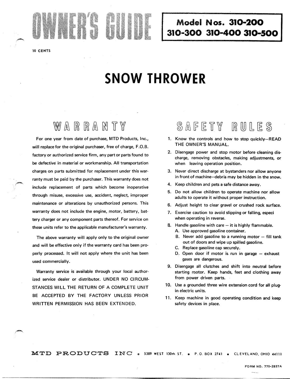 MTD 310-400, 310-500, 310-200, 310-300 User Manual