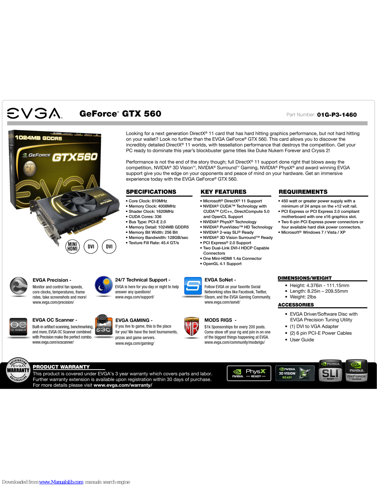 EVGA GeForce GTX 560, 01G-P3-1460 Specifications - ManualMachine.com