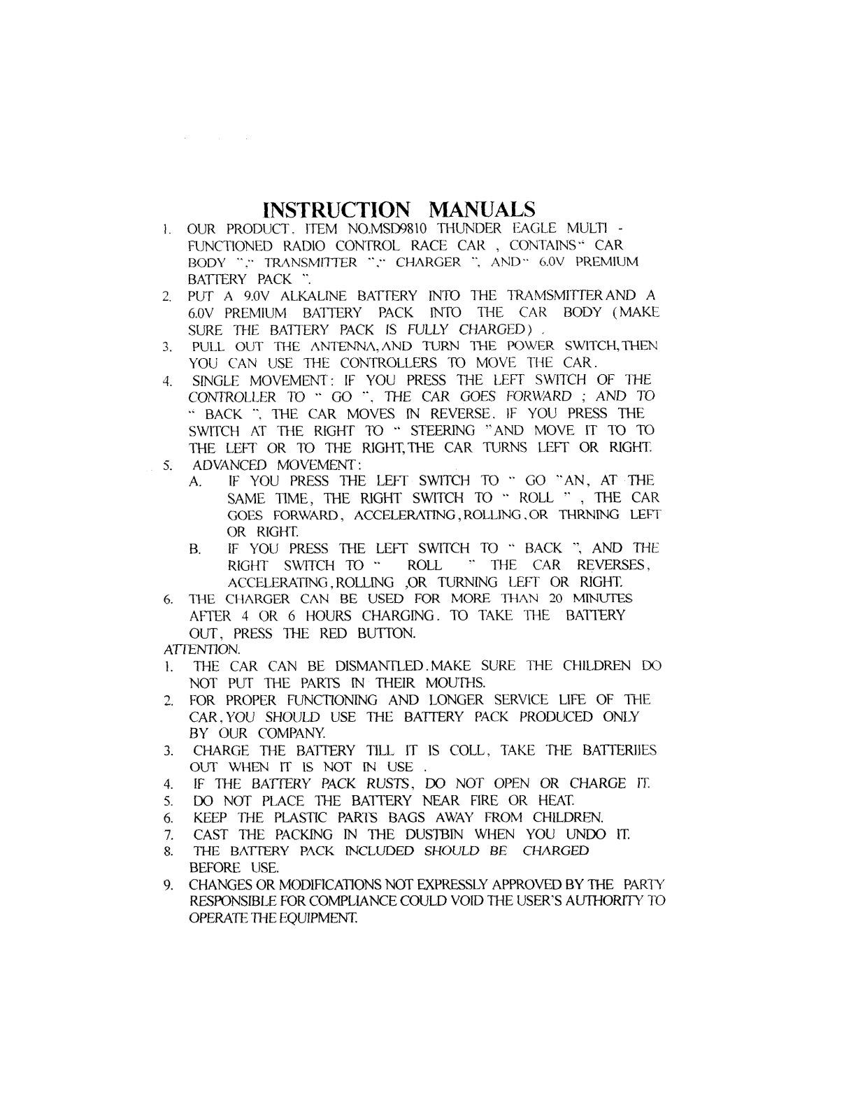 Meisida Electronic Toys MSD98101989 Users Manual