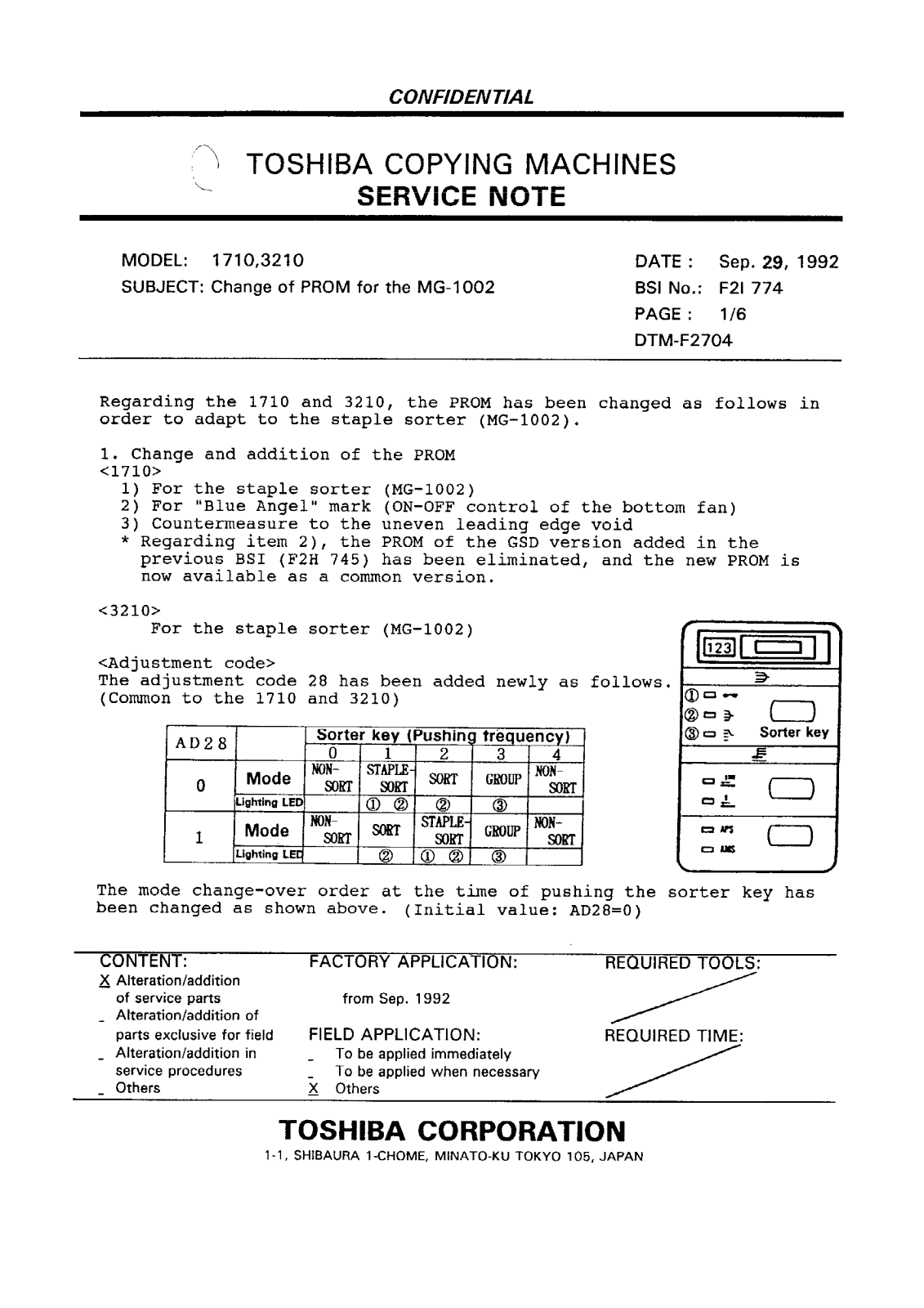 Toshiba f2i774 Service Note