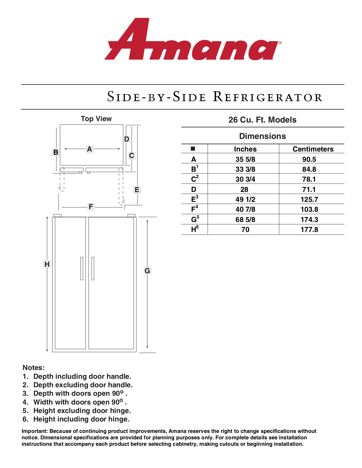 Amana ARS2606BW, ARS2661BW, ARSE667BW, ARSE66ZBW, ARSE665BW Dimension Guide