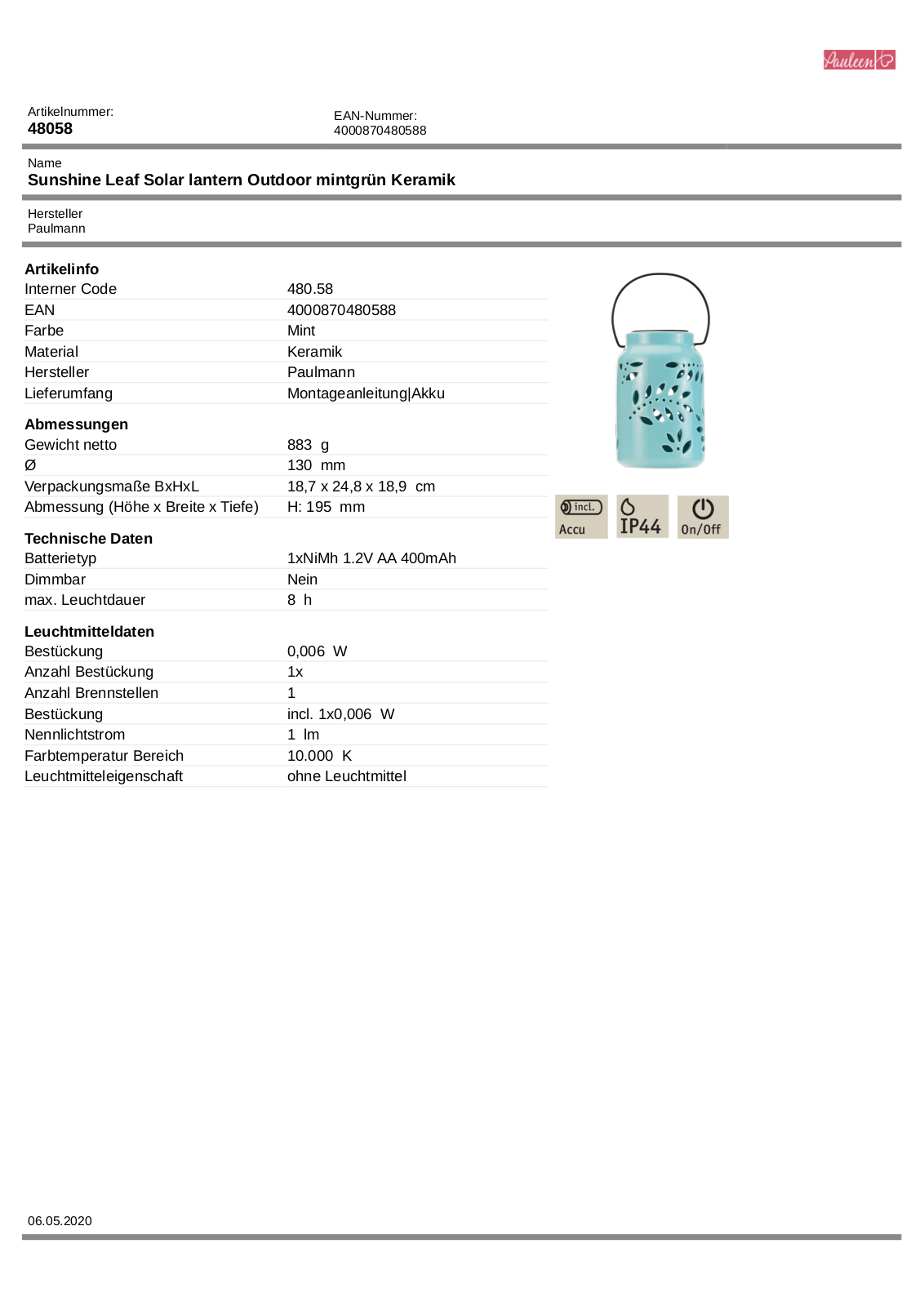 Pauleen Sunshine Leaf Technical data