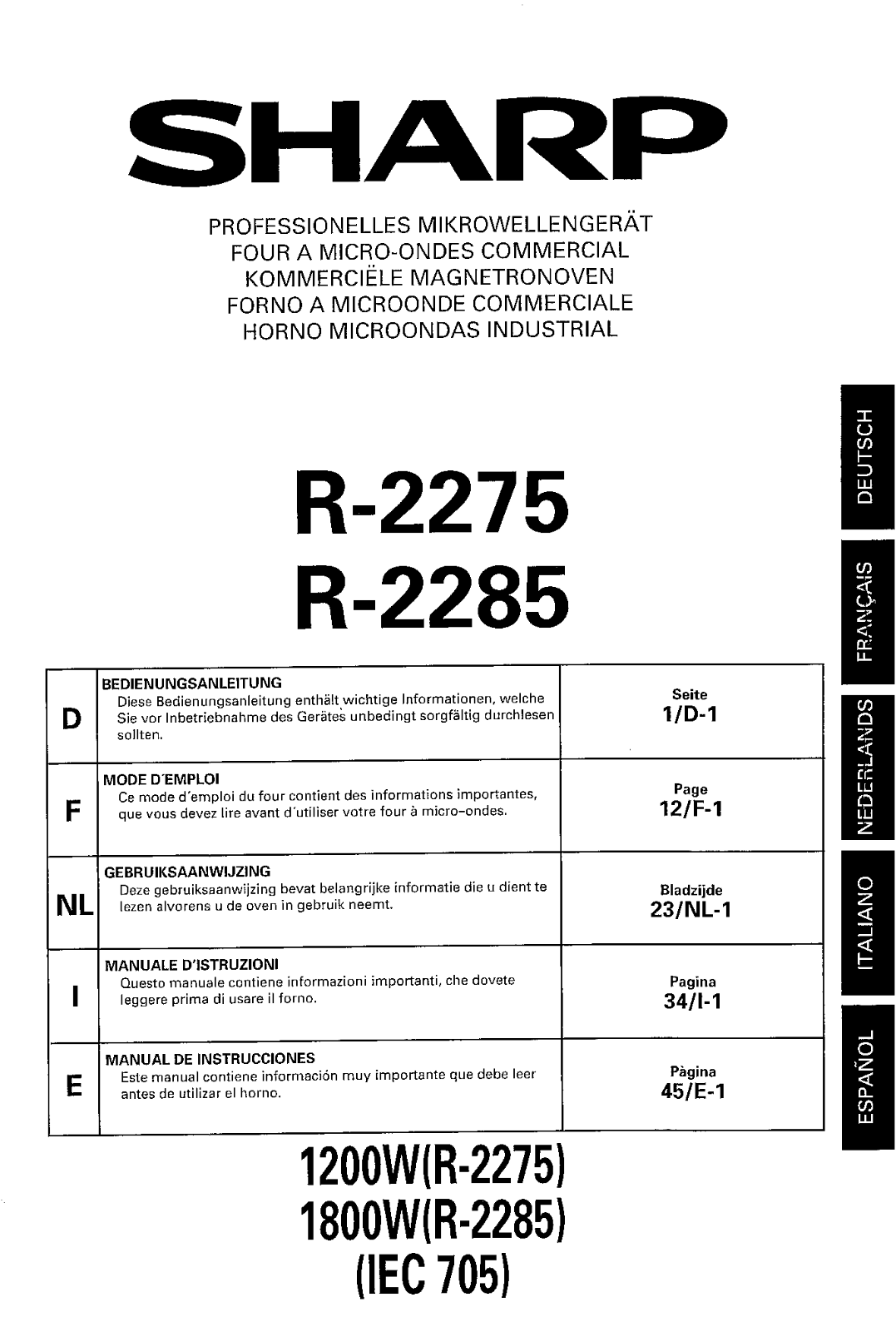 Sharp R-2275, R-2285 User Manual