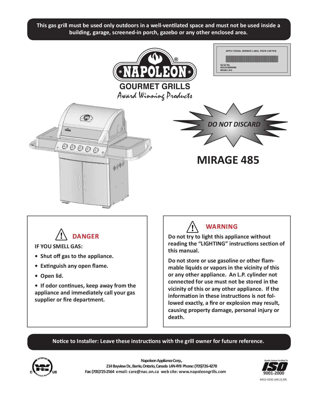 Napoleon M485rsib-1, M485rb-1 Owner's Manual