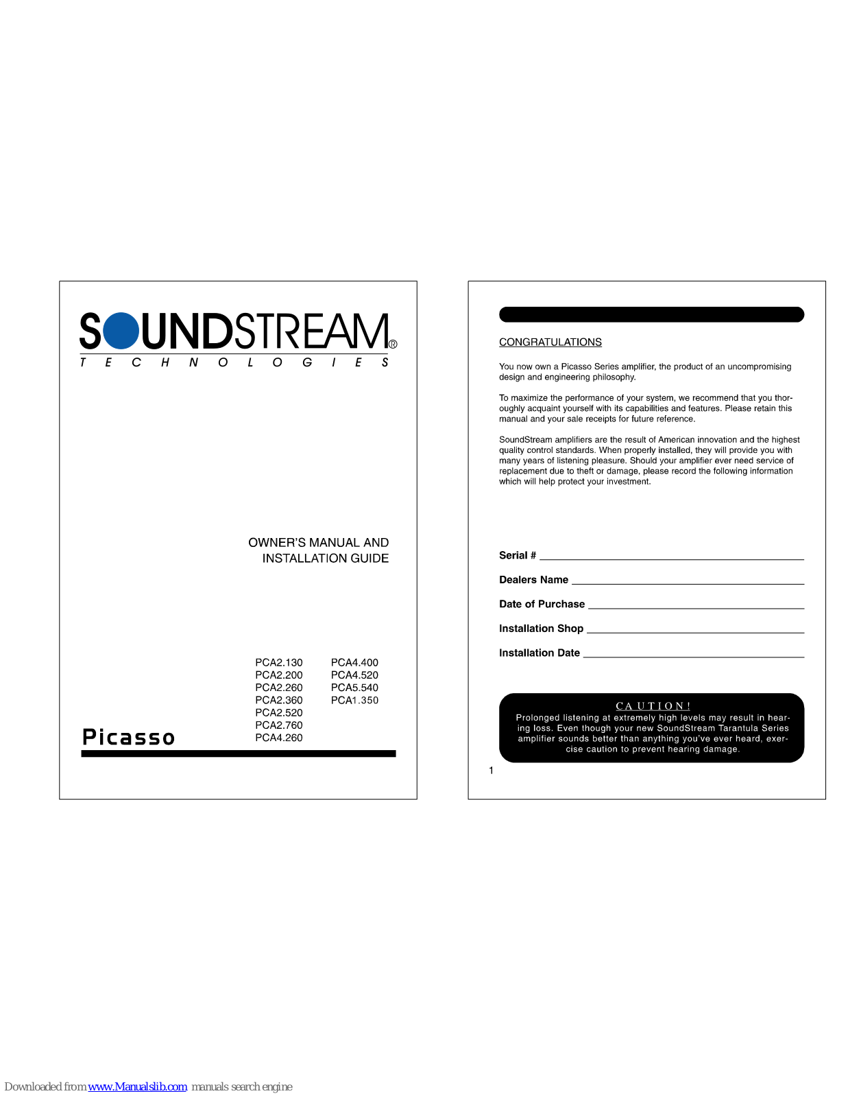 Soundstream PCA2.200, PCA2.520, PCA2.260, PCA2.360, PCA2.760 Owner's Manual And Installation Manual