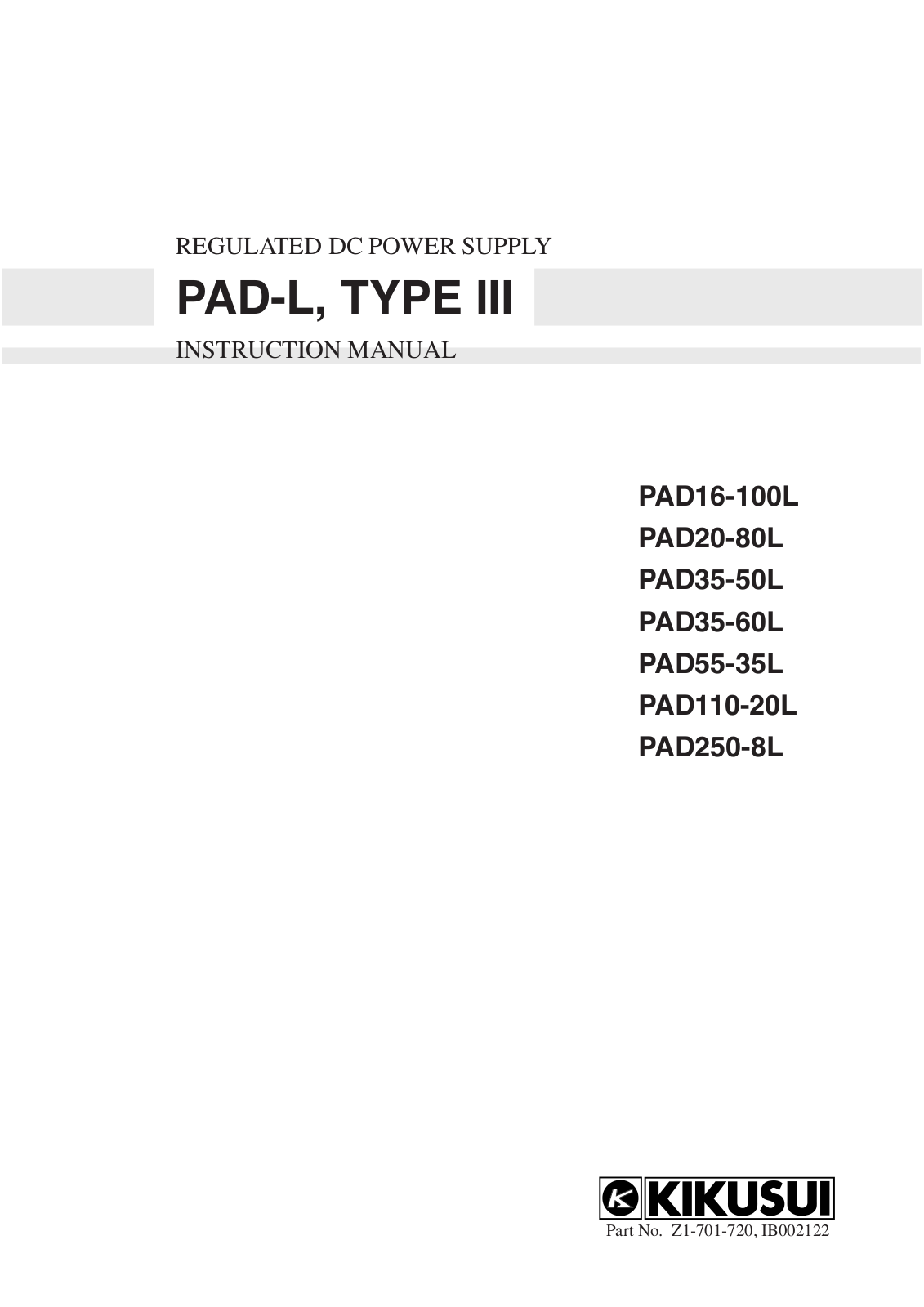 Kikusui PAD16-100L, PAD20-80L, PAD35-50L, PAD35-60L, PAD55-35L Instruction Manual