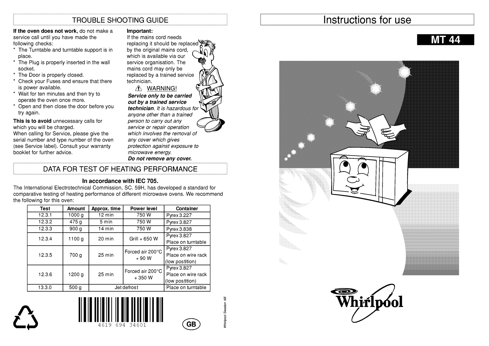 Whirlpool MT 44/WH INSTRUCTION FOR USE