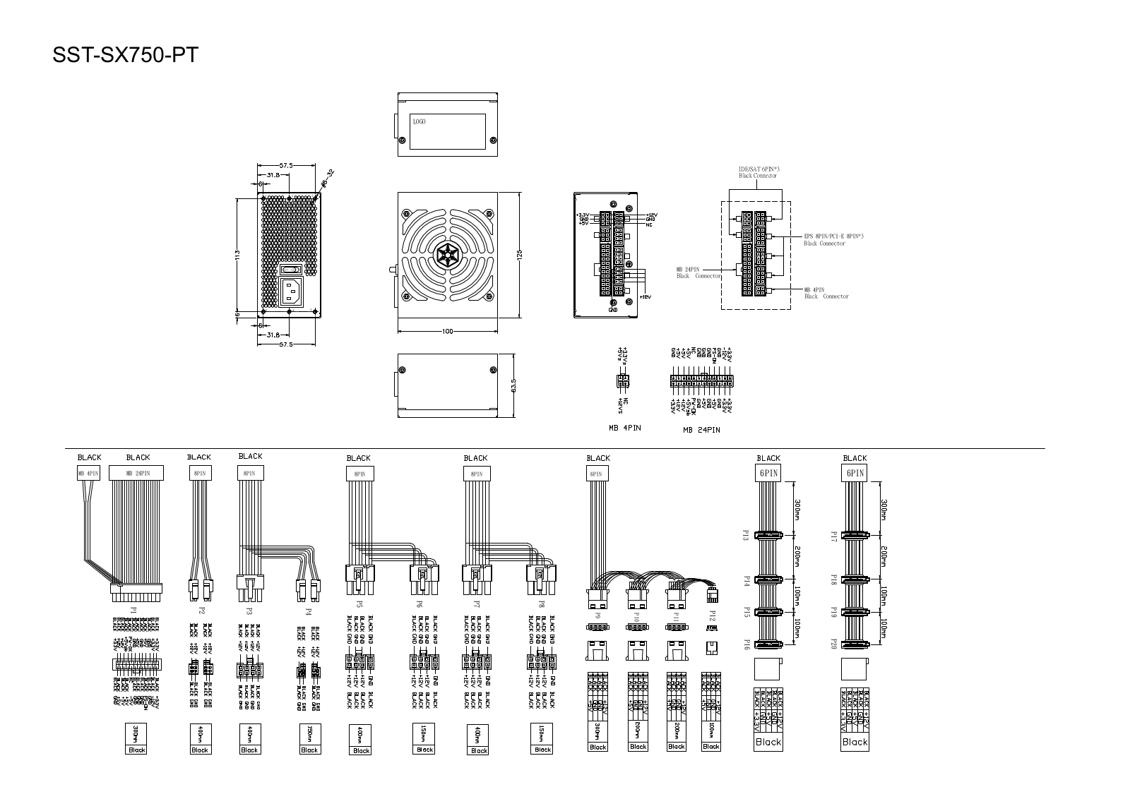 SilverStone SST-SX750-PT Dimensional drawing