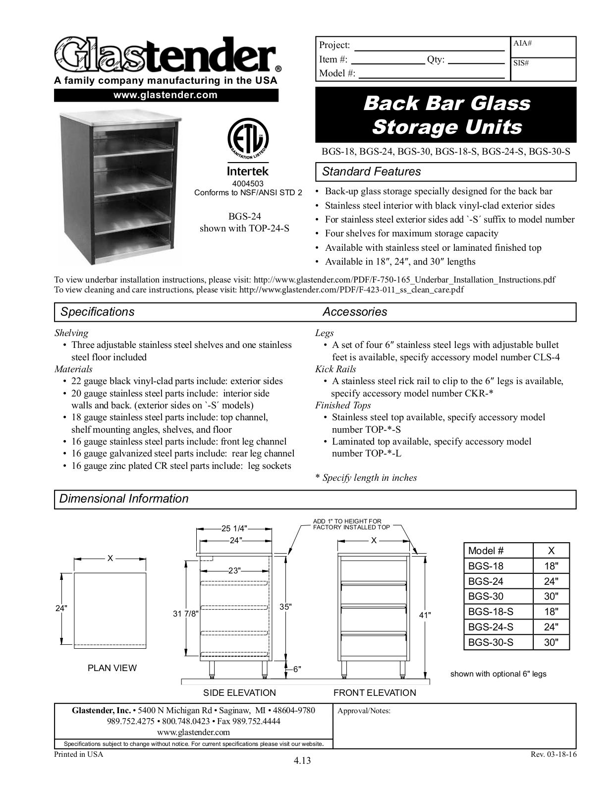 Glastender BGS-18 User Manual