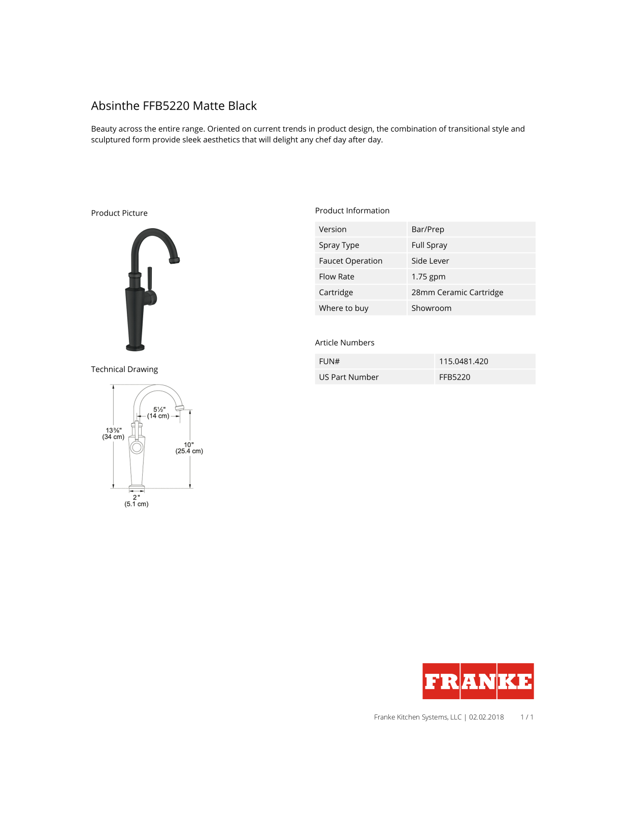 Franke FFB5220 Specs