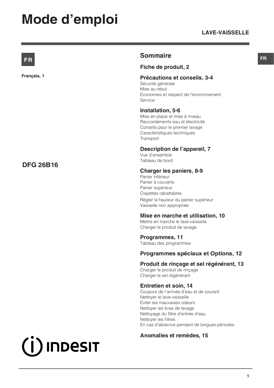 INDESIT DFG 26B17 FR, DFG26B1, DFG26B1NX User Manual