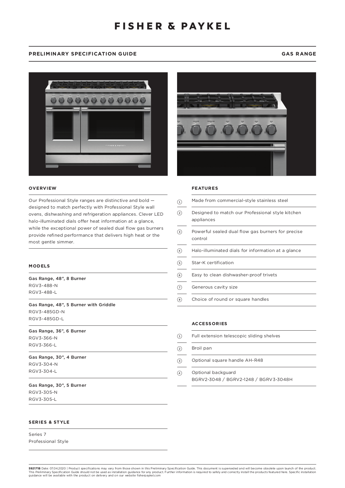 Fisher & Paykel RGV3485GDN, RGV3485GDL PRODUCT SPECIFICATIONS