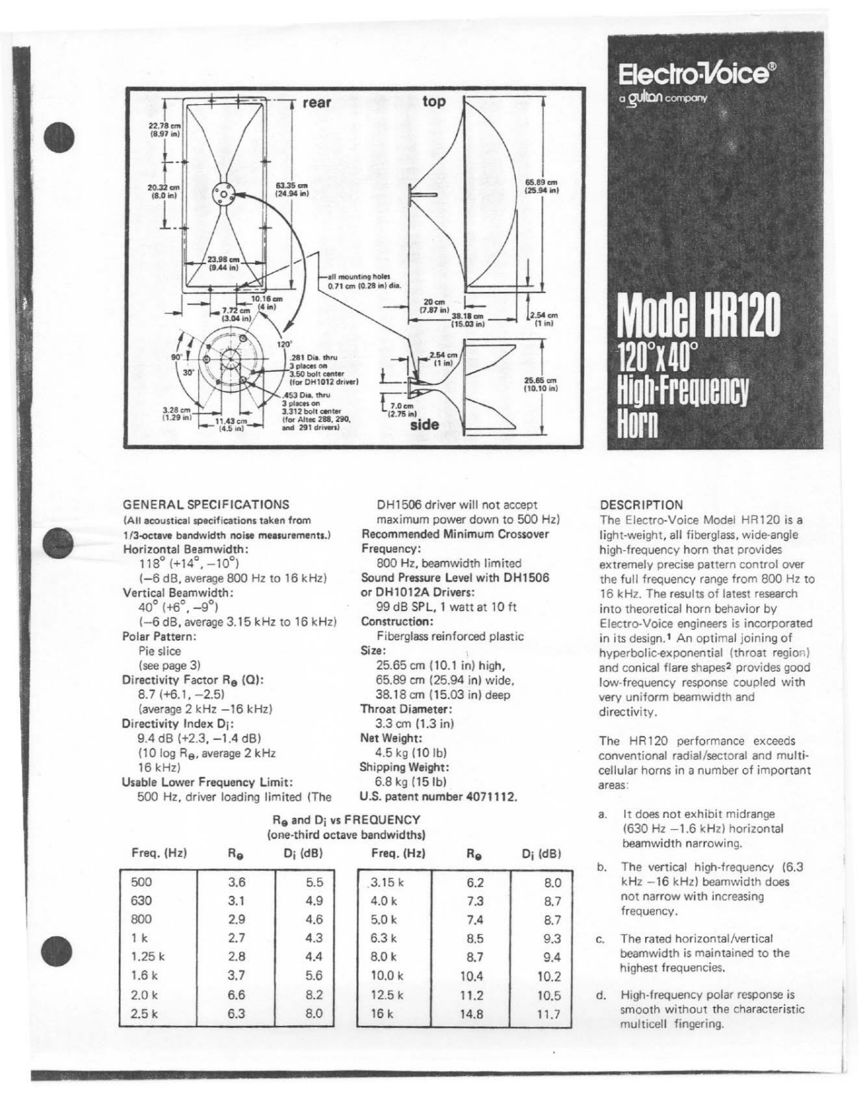 Electro-voice HR120 DATASHEET