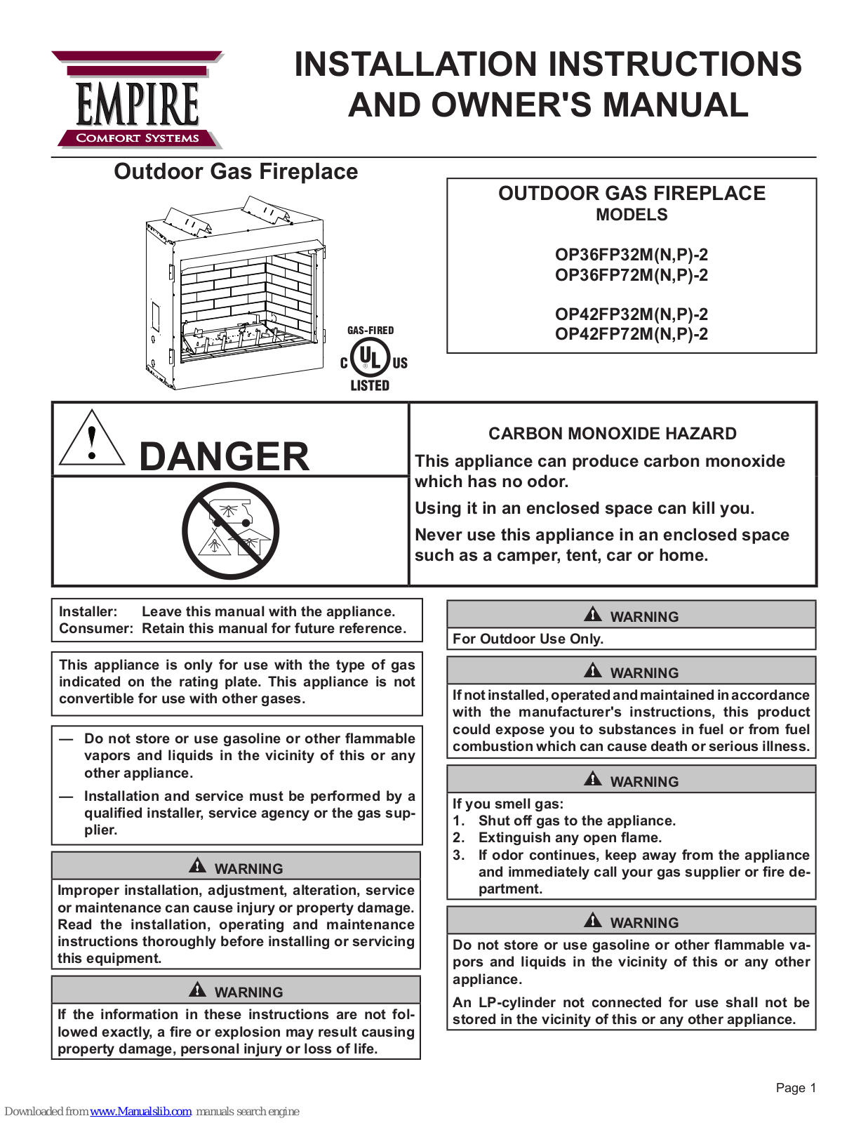 Empire Comfort Systems OP36FP32MN-2, OP36FP32MP-2, OP36FP72MN-2, OP36FP72MP-2, OP42FP32MN-2 Owner's Manual