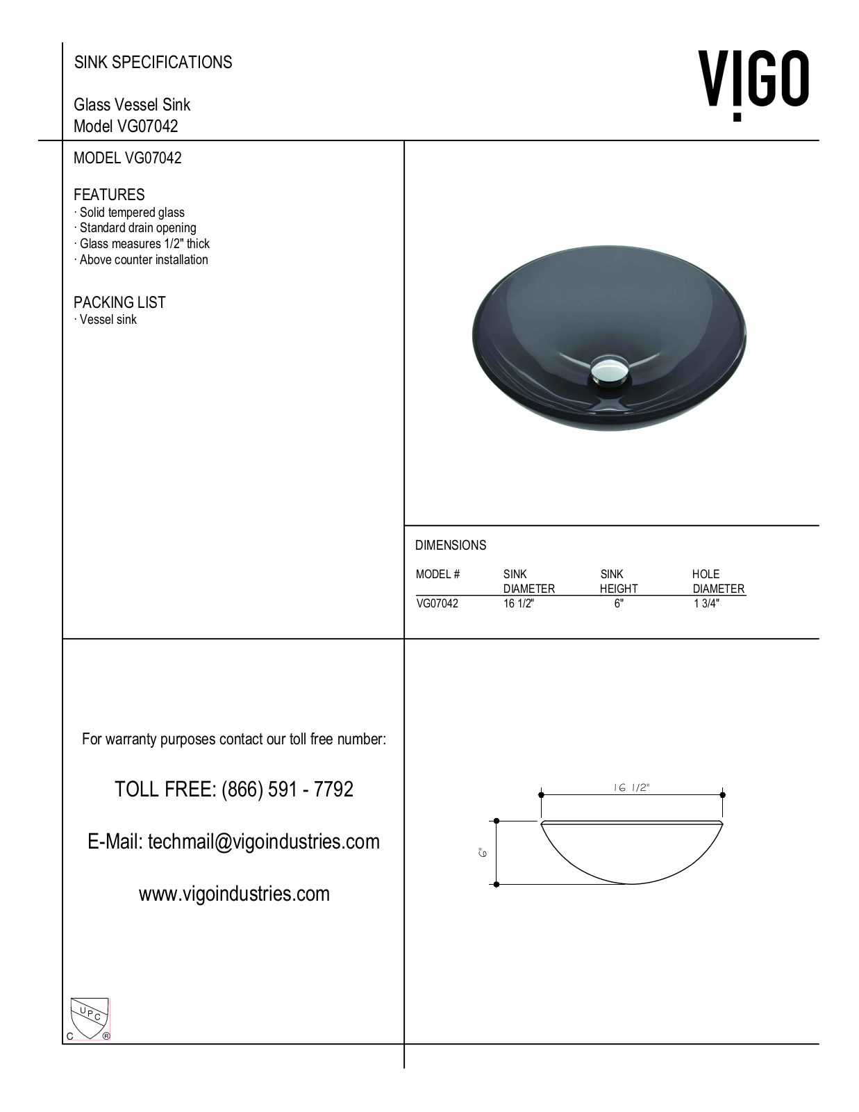 Vigo VG07042, VGT1035, VGT252, VGT250, VGT257 Specifications