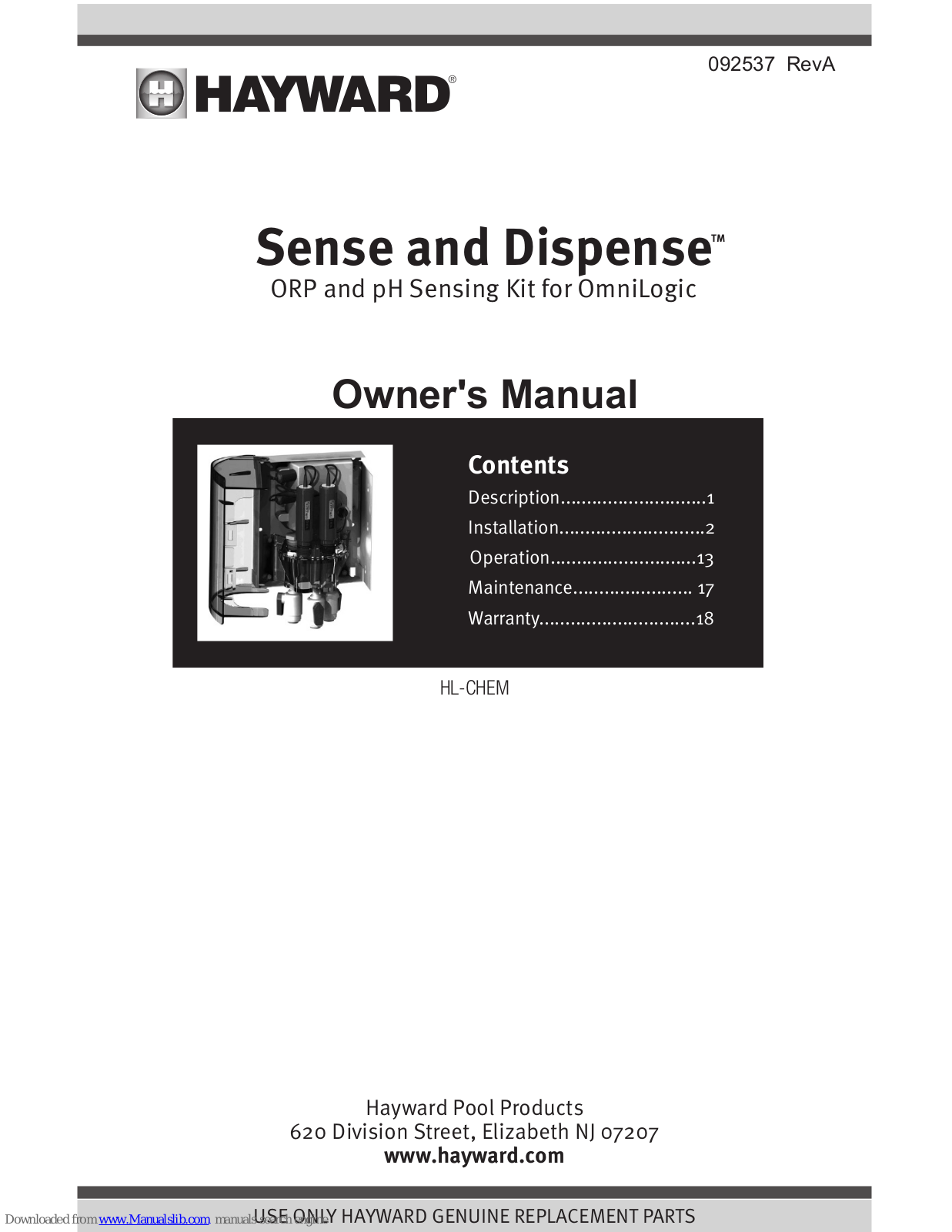 Hayward Sense and Dispense, HL-CHEM Owner's Manual