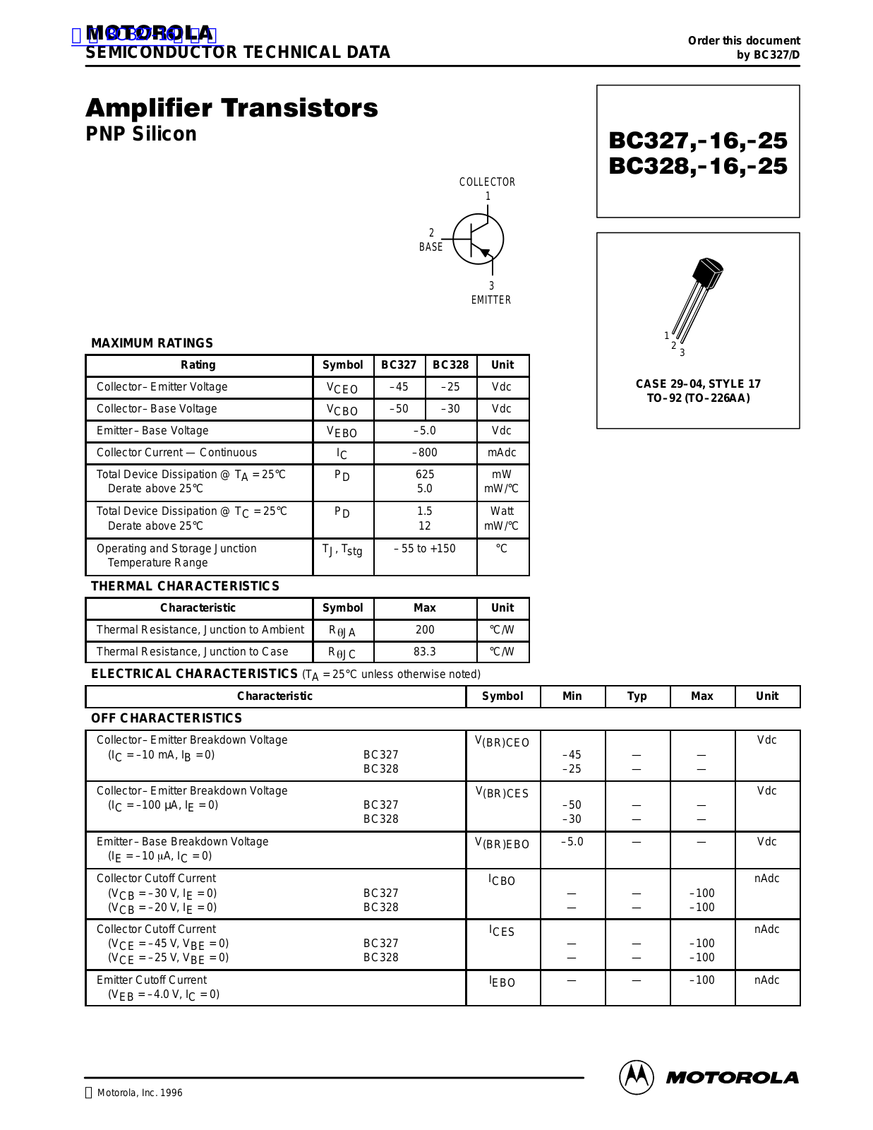 MOTOROLA BC327 Technical data