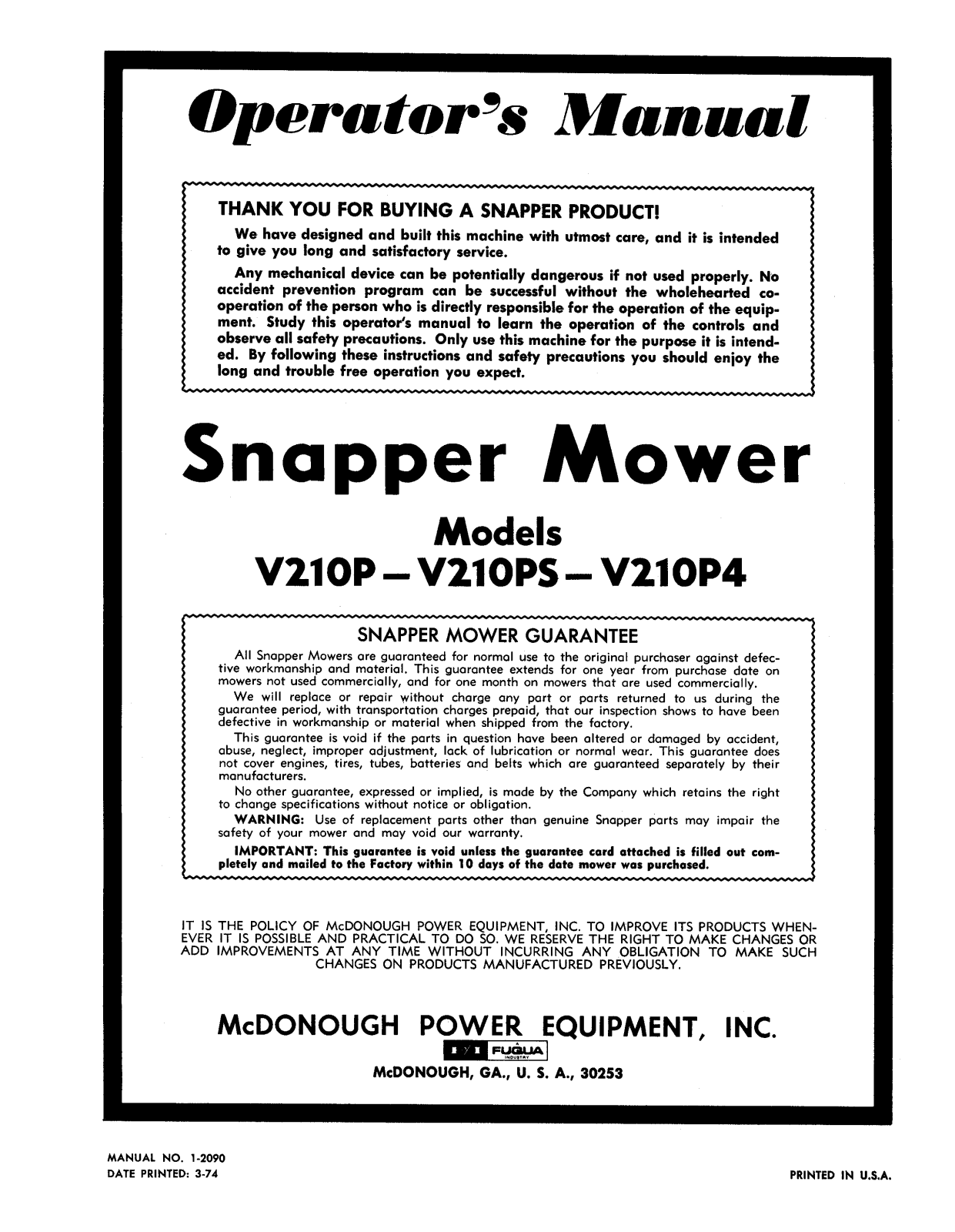 Snapper V210P, V210P4, V210PS User Manual