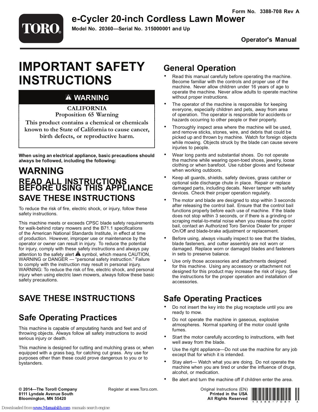 Toro e-cycler 20360 Operator's Manual