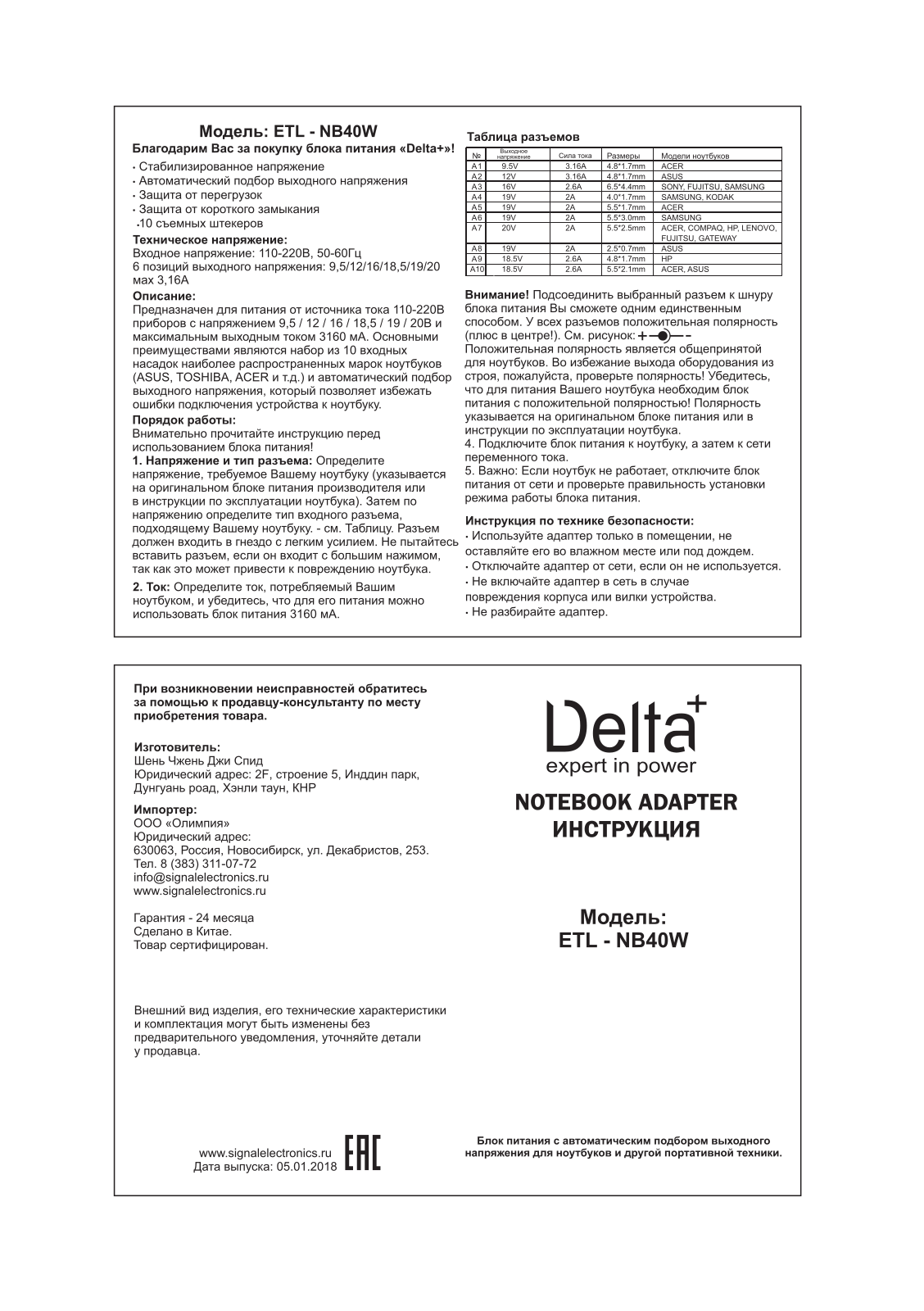 Delta+ ETL-NB40W User Manual