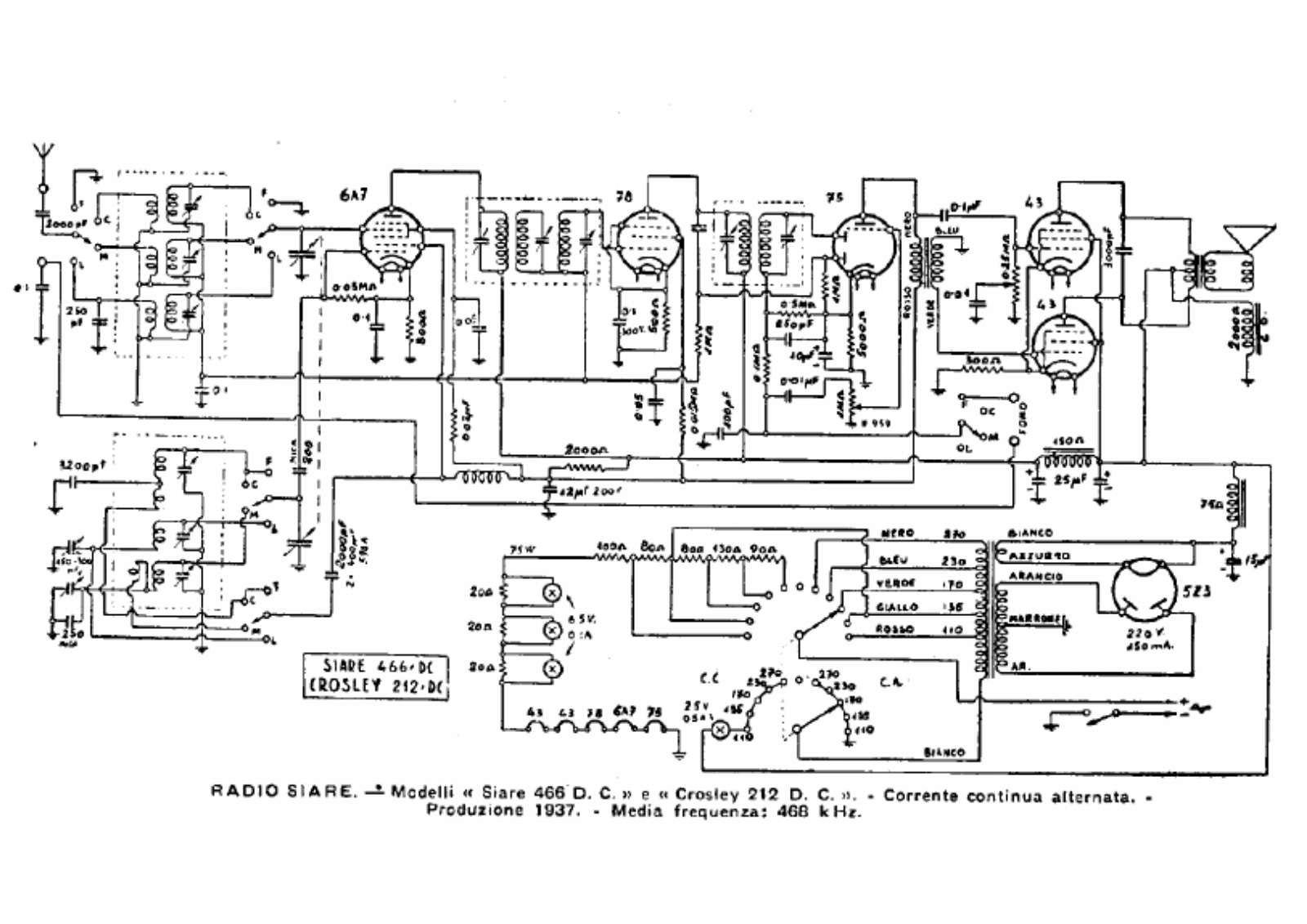 Siare Crosley 466 dc, 212 dc schematic