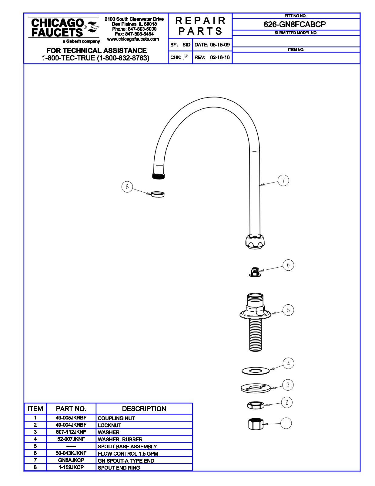 Chicago Faucet 626-GN8FCAB Parts List