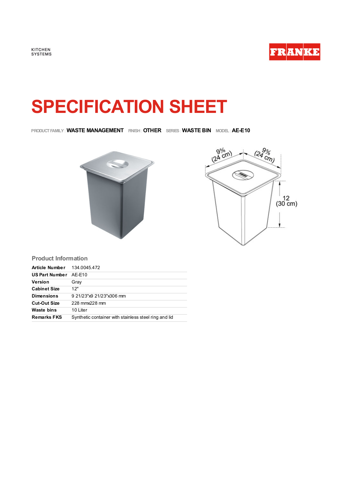 Franke Foodservice AE-E10 User Manual