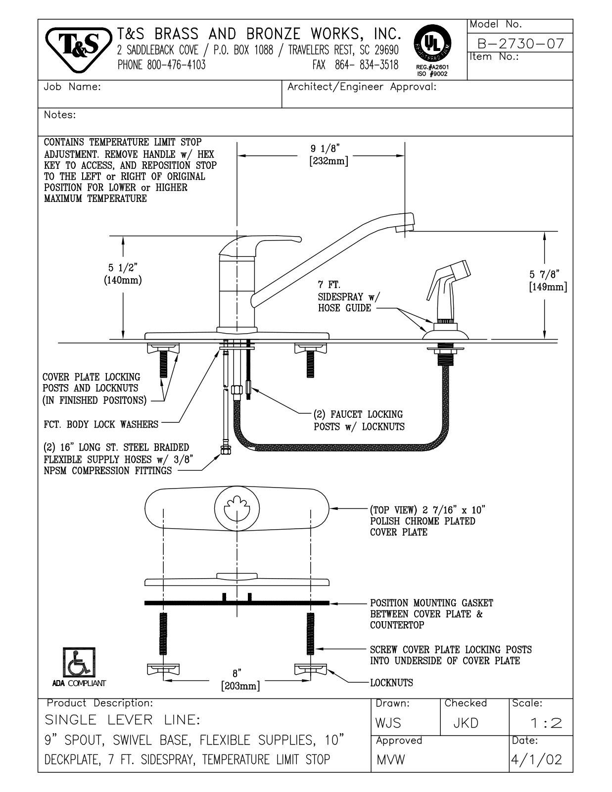 T & S Brass & Bronze Works B-2730-07 General Manual