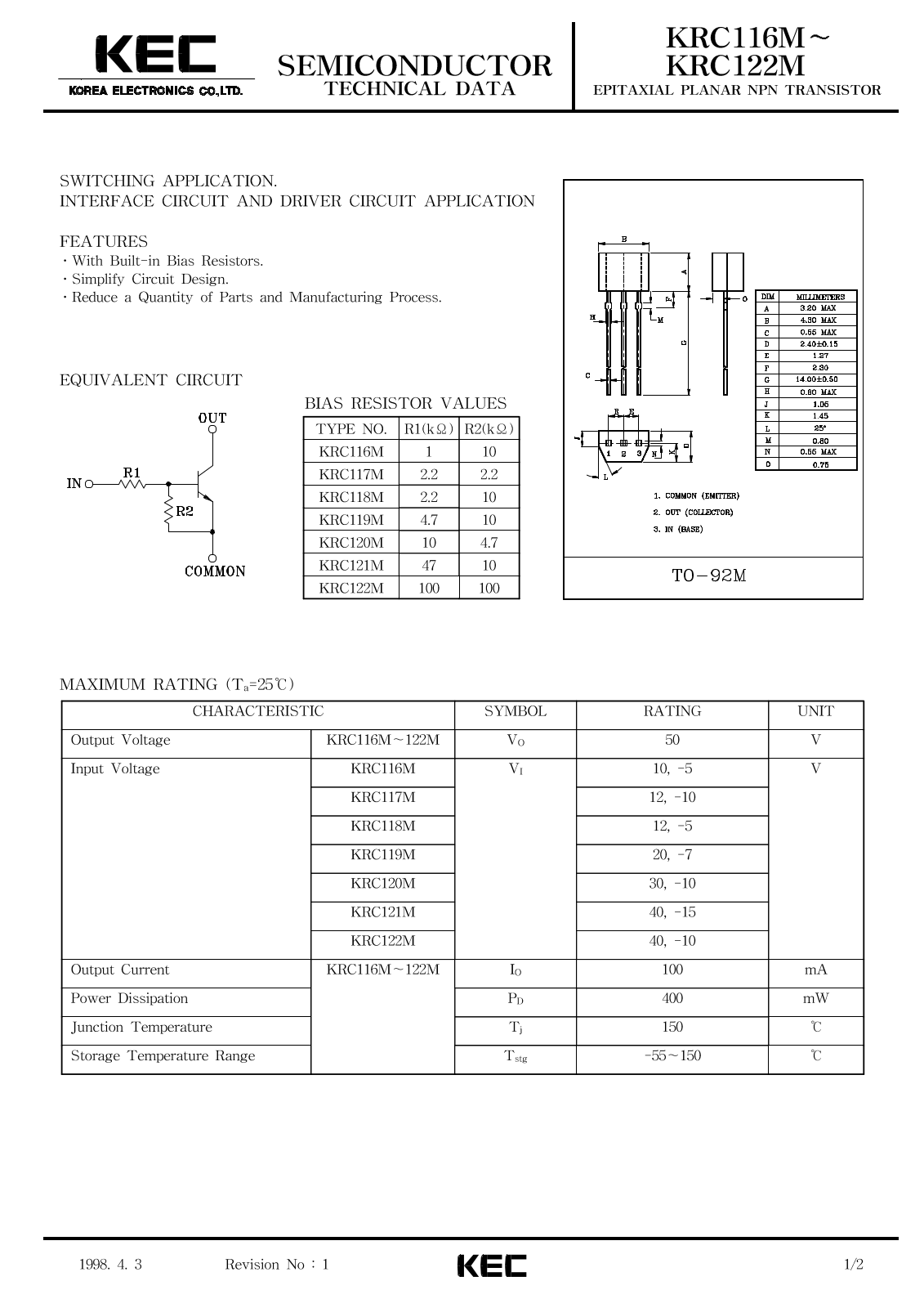 KEC KRC122M, KRC121M, KRC120M, KRC118M, KRC116M Datasheet