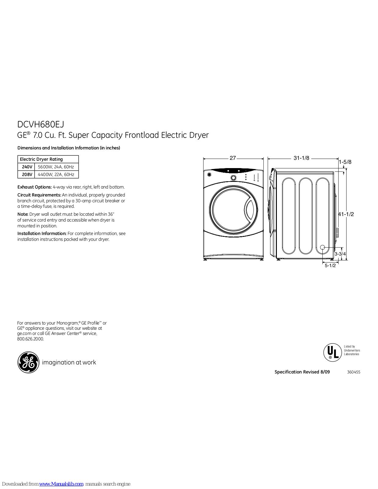 GE DCVH680EJMS, DCVH680EJMV, DCVH680EJWW, DCVH680EJBB Dimensions And Installation Information