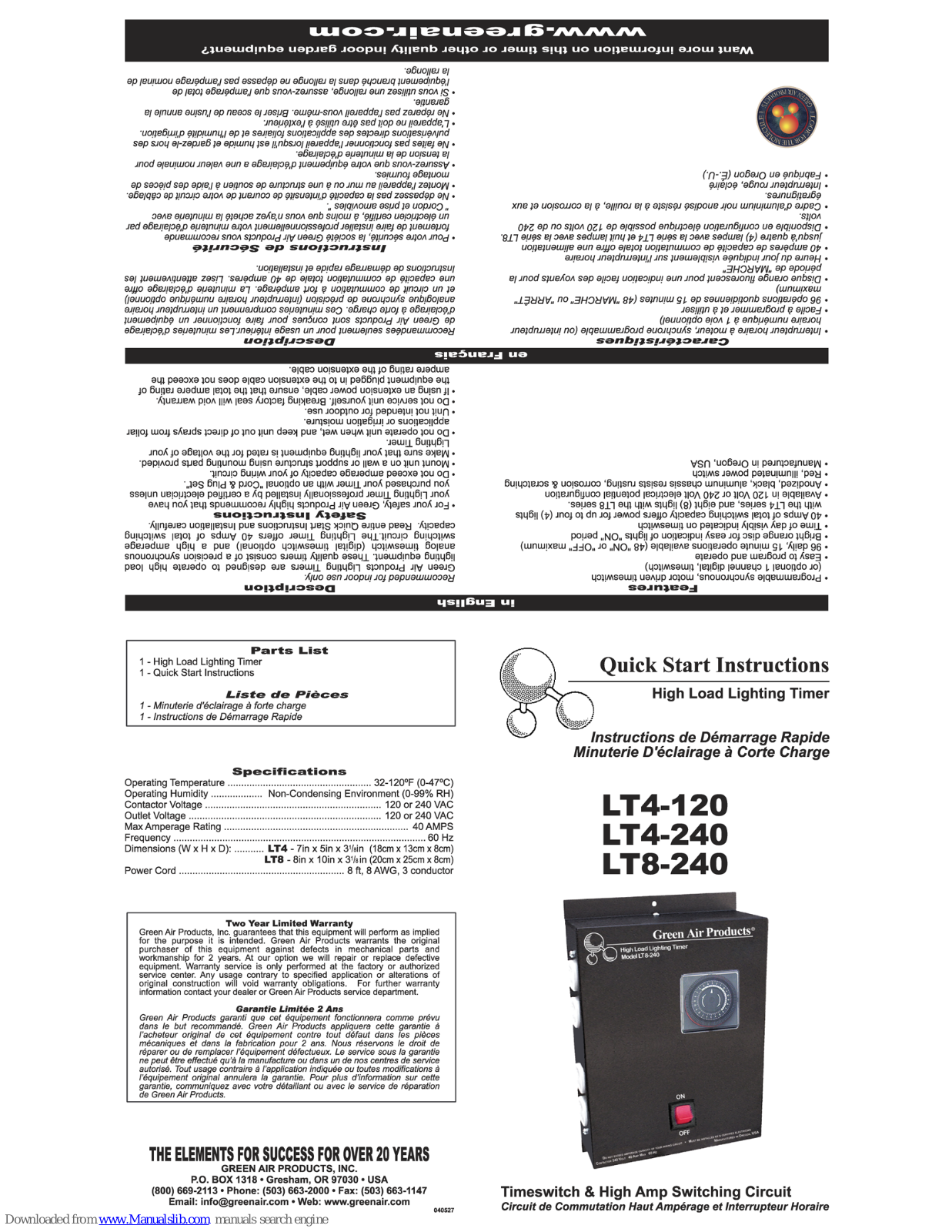 Green Air Products LT4-120, LT8-240, LT4-240 Quick Start Instructions