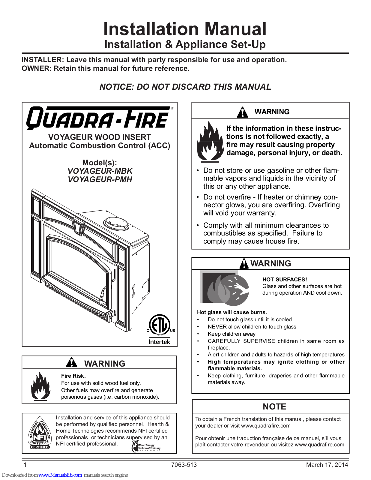 Quadra-Fire VOYAGEUR-MBK, VOYAGEUR-PMH, VOYA-GRAND-MBK, VOYA-GRAND-PMH, VOYAGEUR GRAND WOOD INSERT Installation Manual