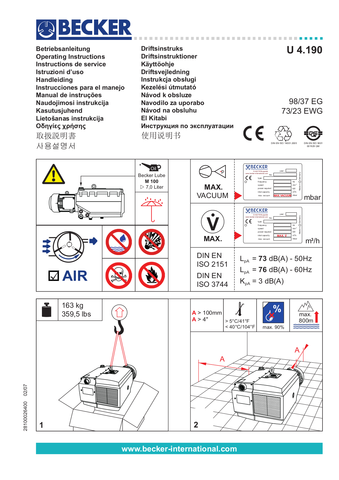 Becker U 4.190 Operating Instructions Manual