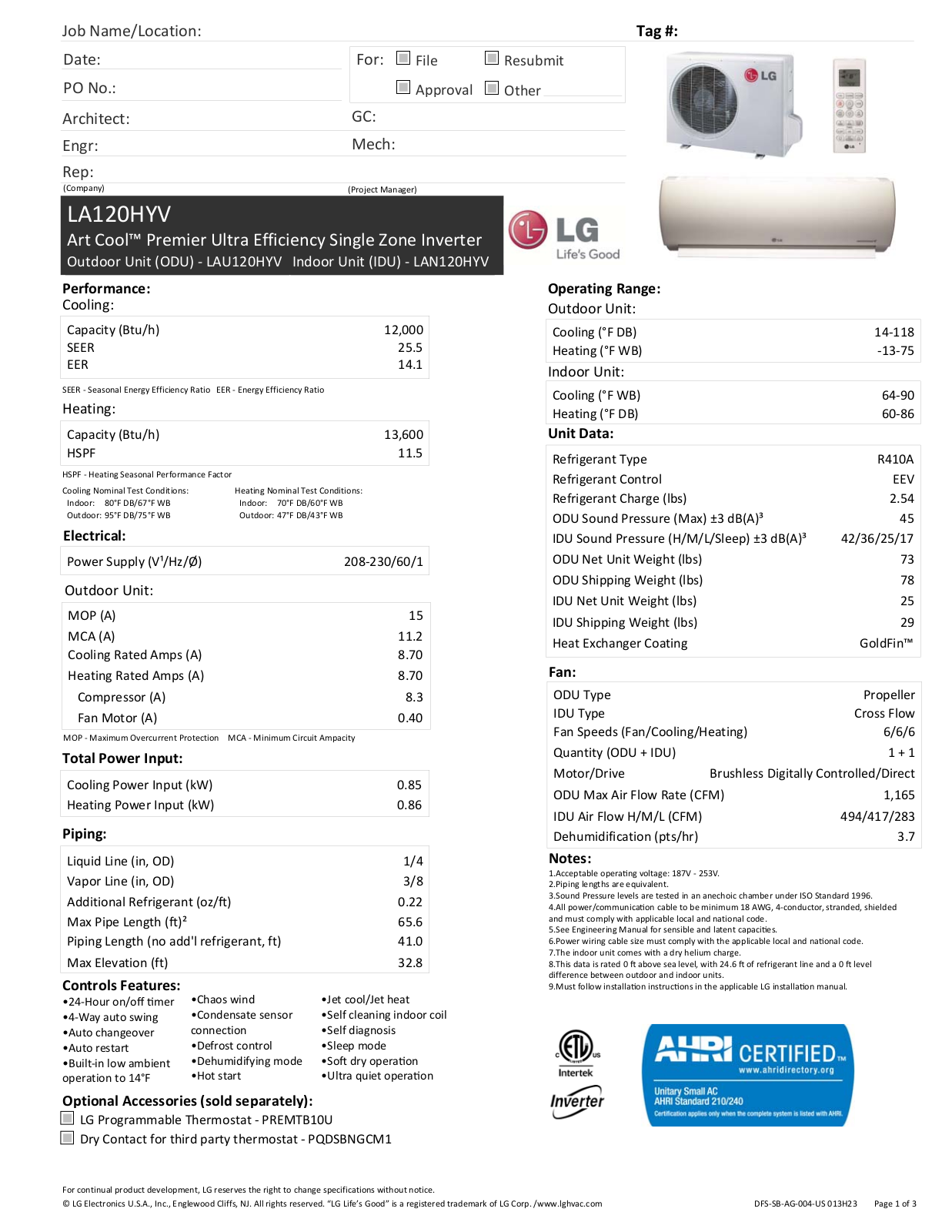 LG LAXX0HYV Specifications