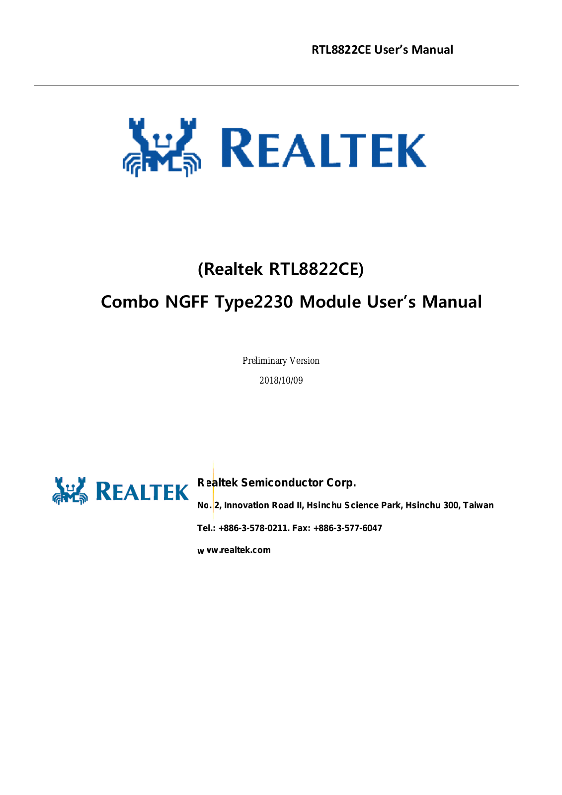 Realtek Semiconductor RTL8822CE User Manual