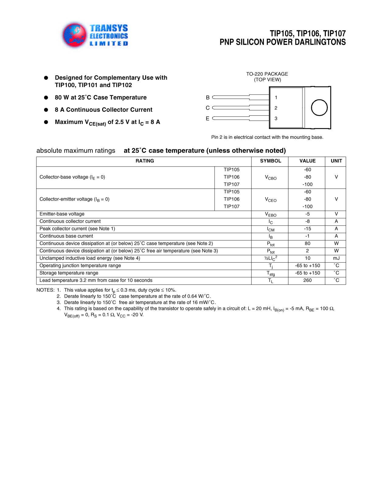 TEL TIP107, TIP106, TIP105 Datasheet