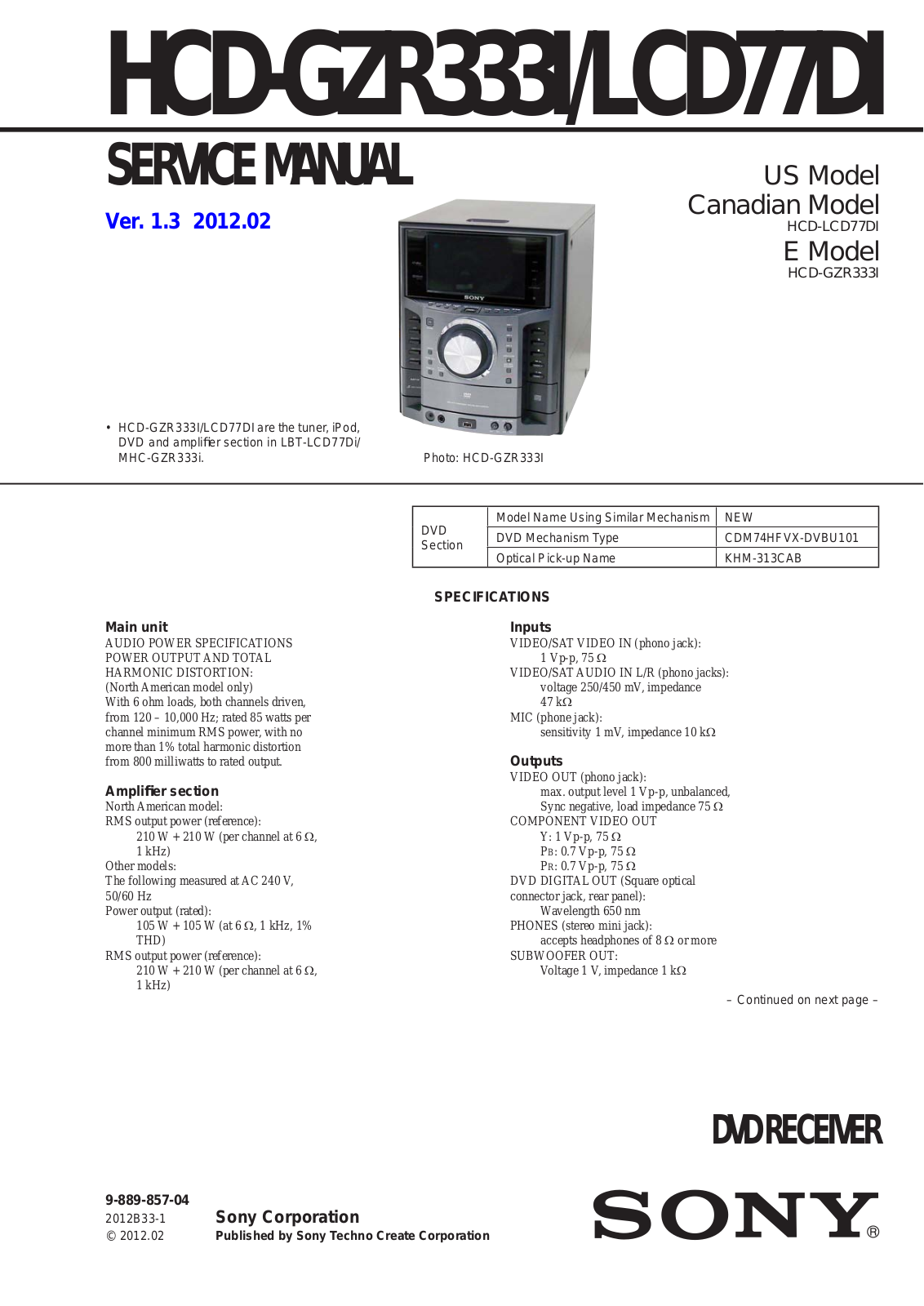 Sony HCD-GZR333I, HCD-LCD77DI Service Manual