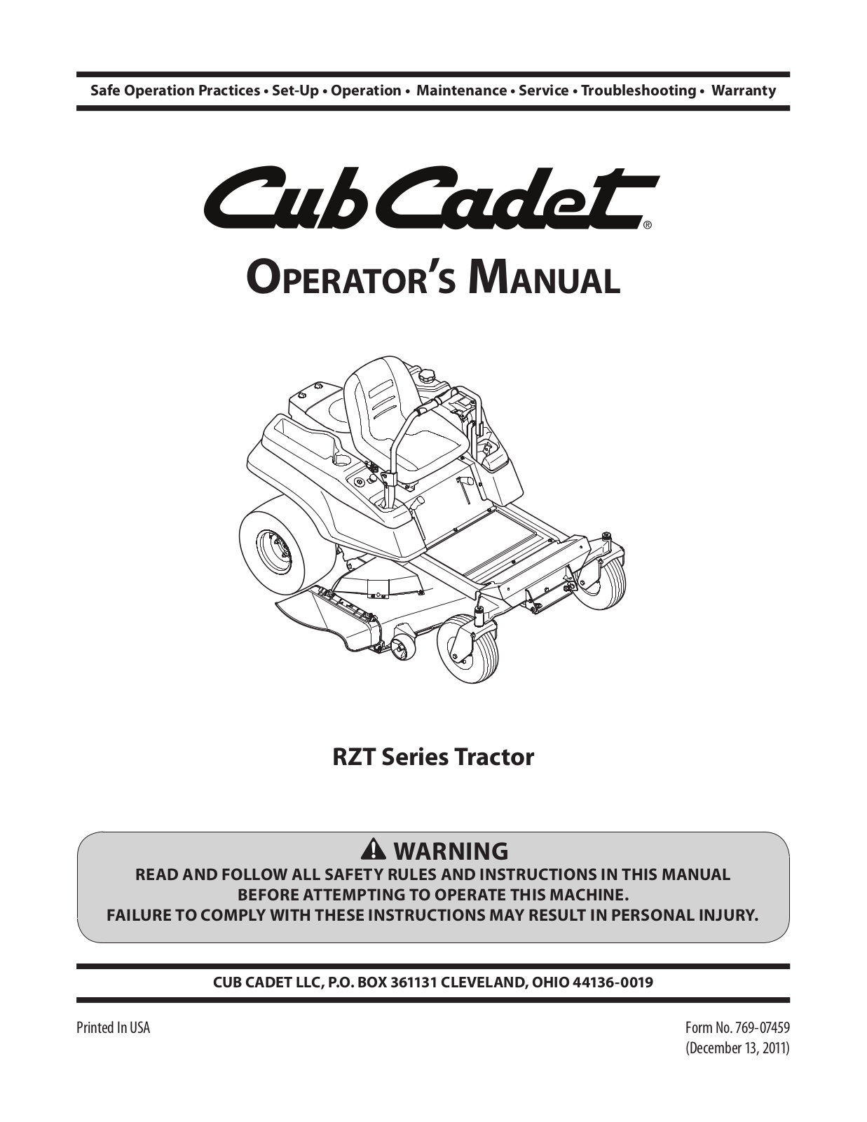 Cub Cadet RZT Series Operator's Manual