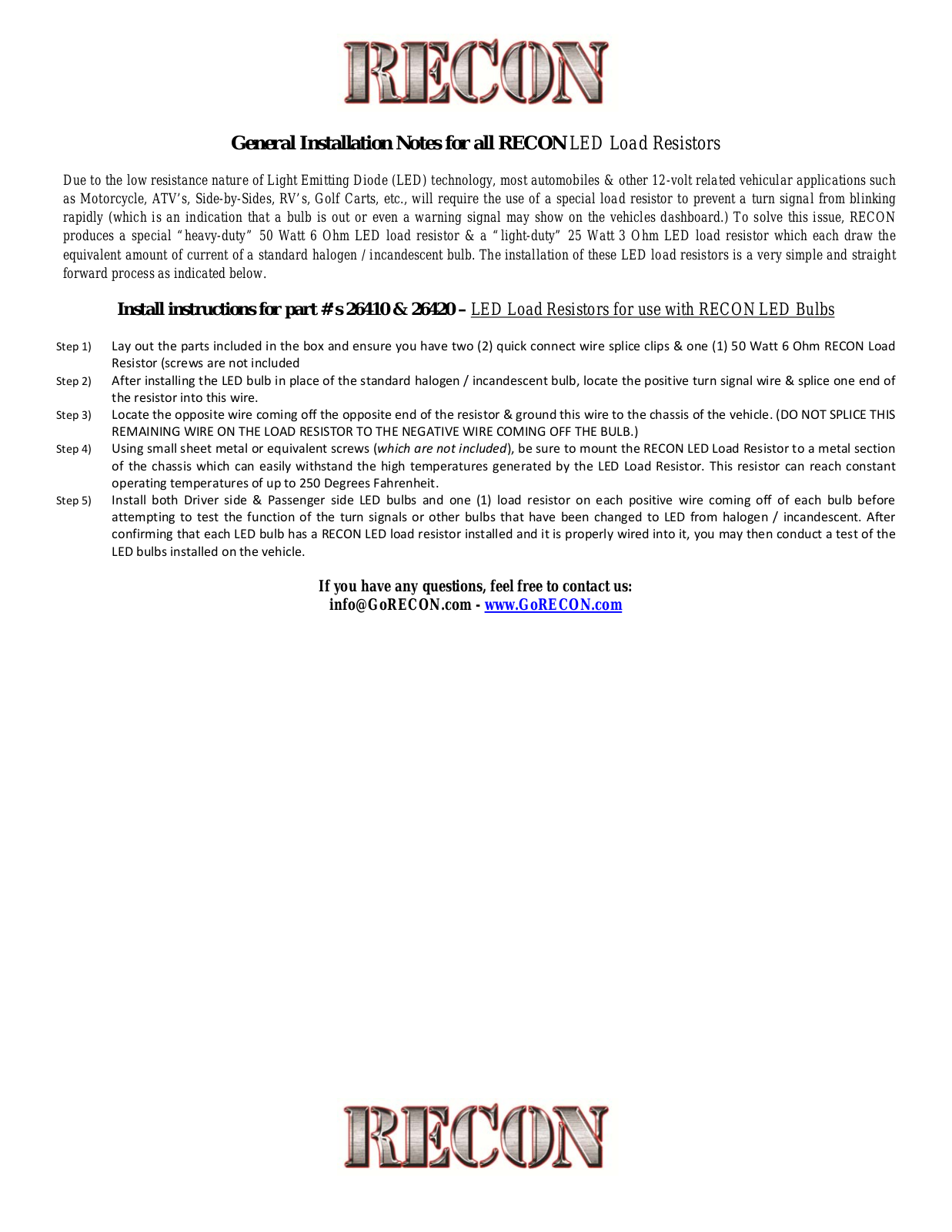 RECON LED Load Resistor User Manual