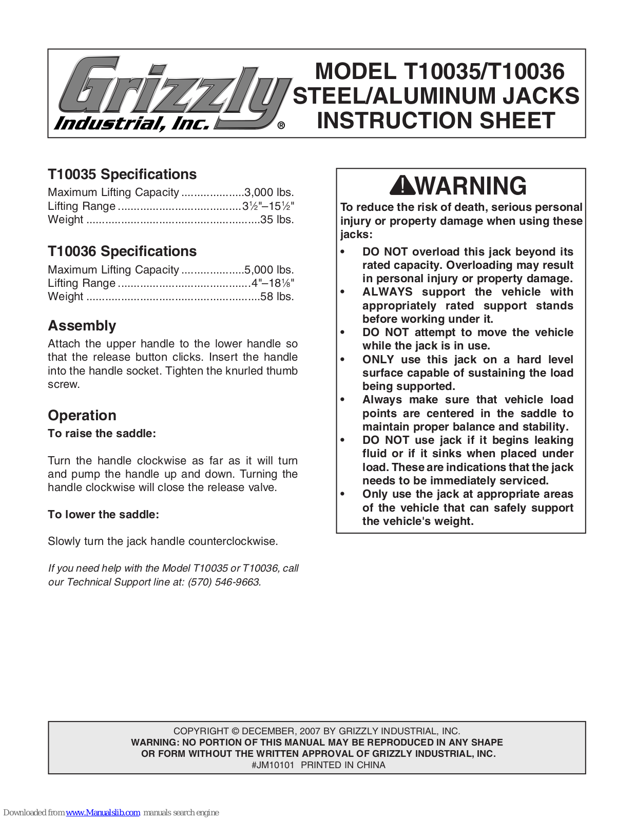 Grizzly T10036 Instruction Sheet