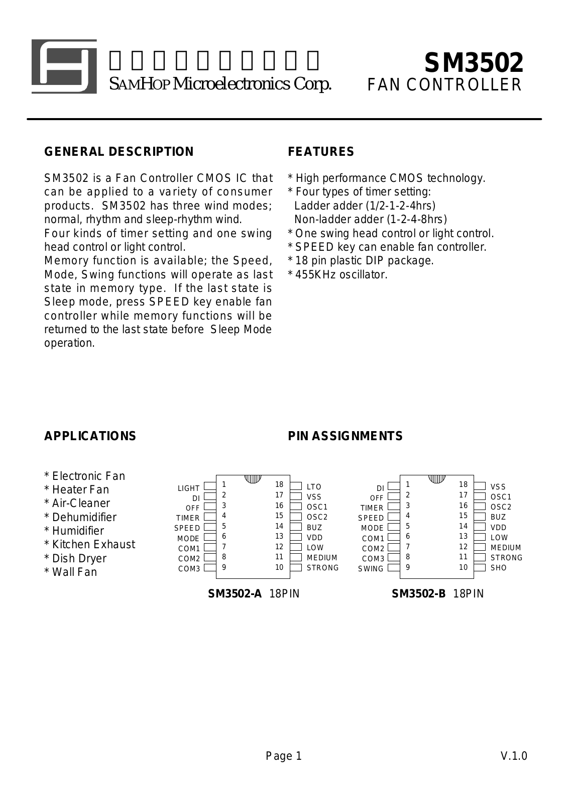 SamHop Microelectronics SM3502-A, SM3502-B Datasheet