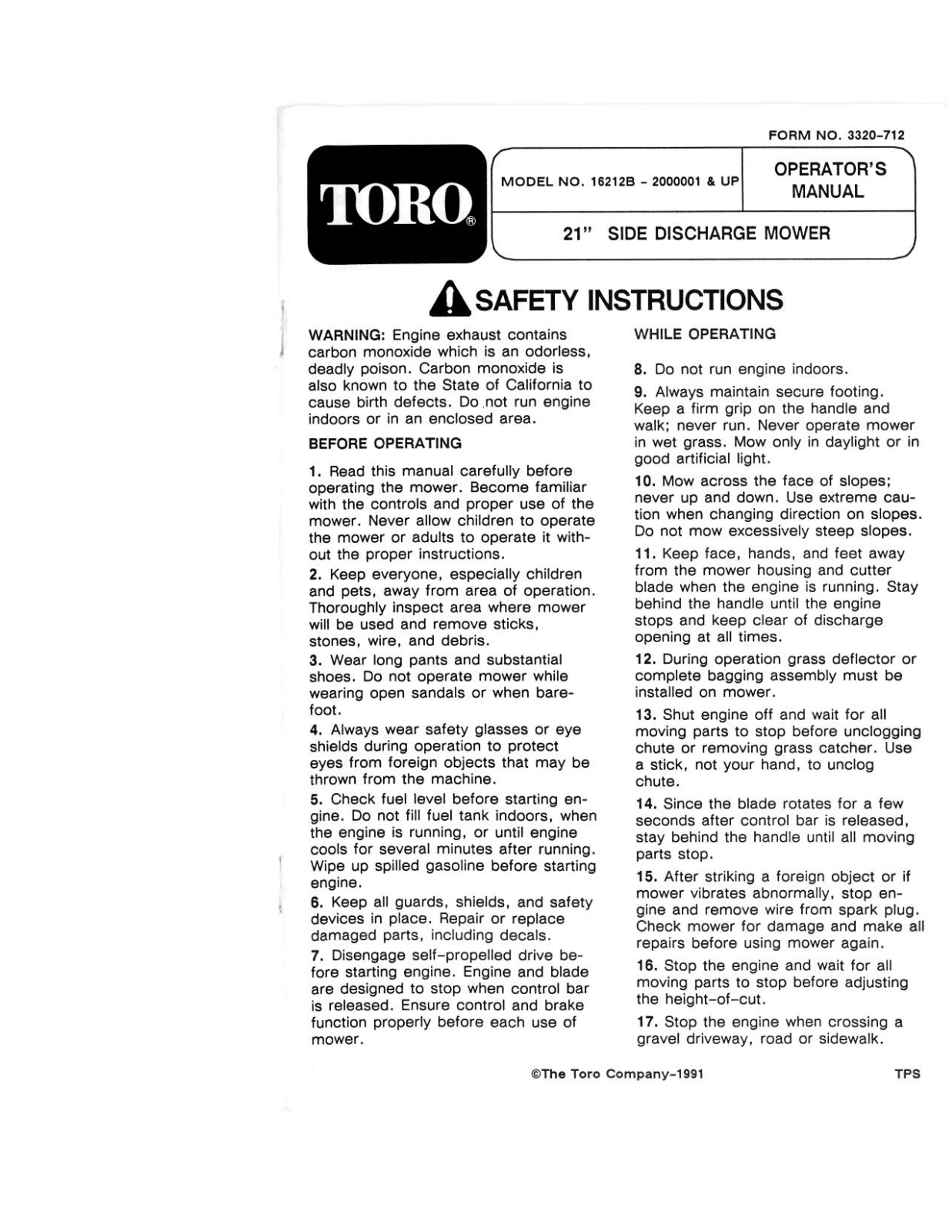 Toro 16212B, 20912B Operator's Manual